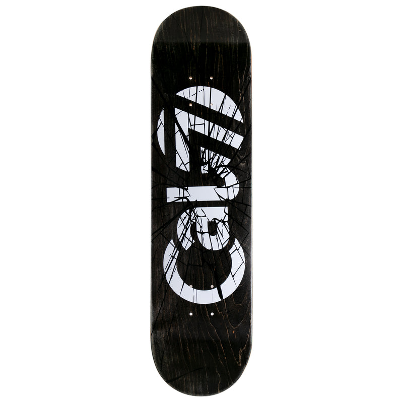  8.5-inch Cal 7 Heist skateboard deck with white Cal 7 logo on a black background and a shattered-glass graphic