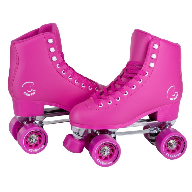 C7skates Moon Rose Quad Roller Skates in a pink vegan leather structured boot and 62mm wheels. 